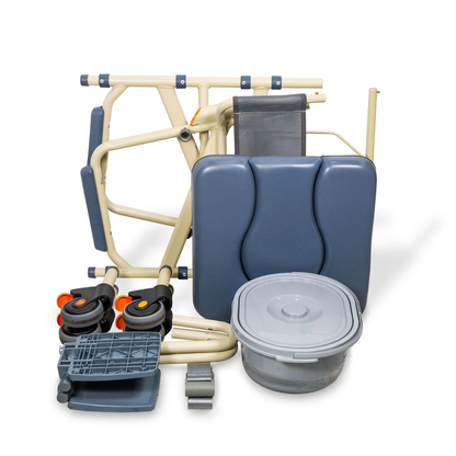 Folded and disassembled parts of the ShowerBuddy SB7e Folding Shower Chair, including padded seat sections, wheels, a collapsible tray, and a clear lidded container, all arranged against a white background.
