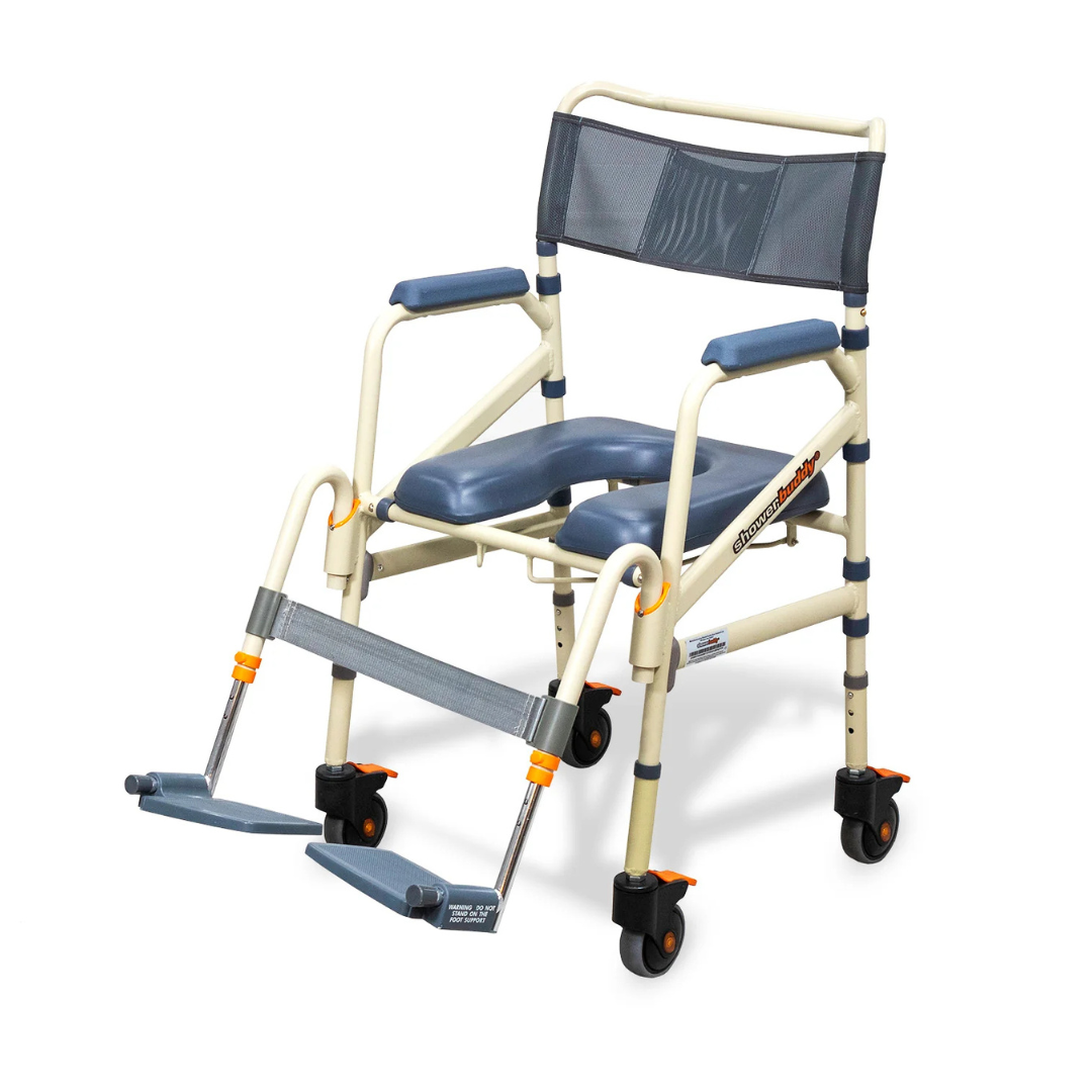 The ShowerBuddy SB7e Folding Shower Chair is a lightweight, wheeled commode with armrests, blue padded seat, mesh backrest, and adjustable footrests—ideal for accessible shower use or travel. Four caster wheels offer easy mobility and support.