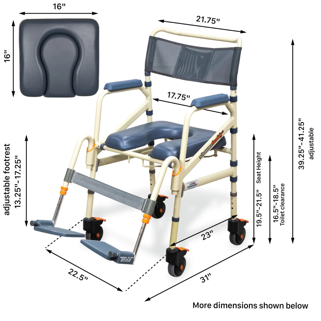 The ShowerBuddy SB7e Folding Shower Chair is a rolling shower and travel commode with padded seat/backrest, armrests, footrests, 17.75" seat width, 19.5–21.5" adjustable height, and 21.75" overall width—ideal for accessible shower use.