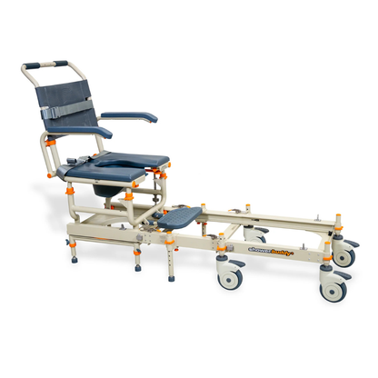 The ShowerBuddy® SB1 Transfer System with Rolling Shower Chair features a blue padded seat and backrest, safety straps, armrests, footrest, and a beige metal frame on wheels for easy patient transfer and bathing assistance.