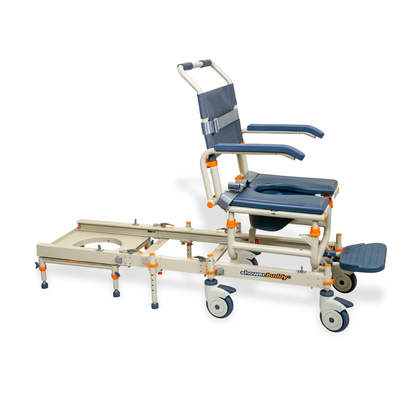 The ShowerBuddy® SB1 Transfer System with Rolling Shower Chair features wheels, adjustable armrests, a footrest, and a sliding transfer frame for accessible patient transport and hygiene care in beige and blue.