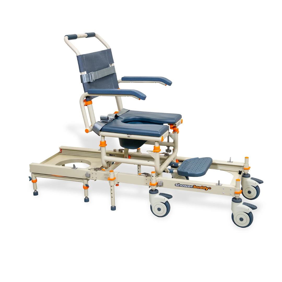 The ShowerBuddy® SB1 Transfer System with Rolling Shower Chair features blue padding, adjustable armrests, a seat belt, footrest, wheeled base for mobility, plus an easy-to-clean frame with orange adjustment knobs.