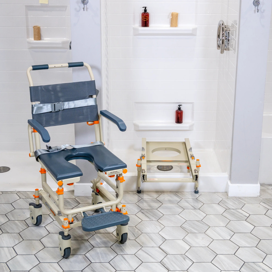 The ShowerBuddy® SB1 Transfer System includes a rolling shower chair for enhanced comfort and safety in your shower stall.