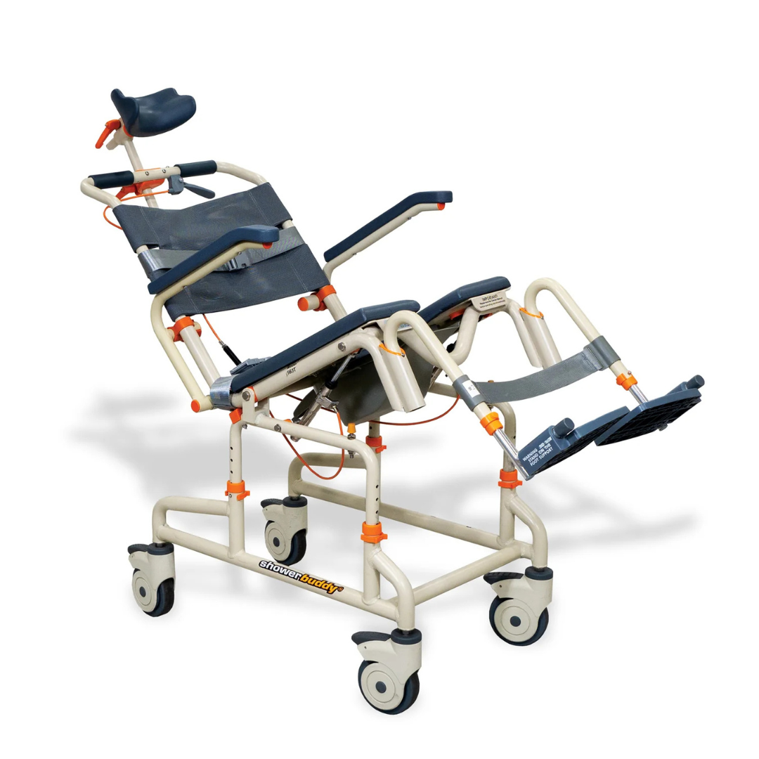 The ShowerBuddy SB3T Roll-In Shower Chair with Tilt Recline is a tilting, adjustable rolling shower and commode chair featuring a blue mesh seat, white metal frame, footrests, headrest, and four casters for enhanced mobility and support.