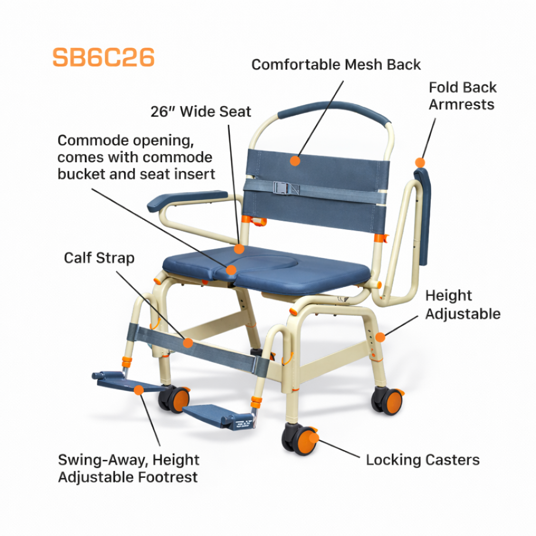 The ShowerBuddy SB6C Bariatric Rolling Shower Chair, in beige and blue, offers a 26" wide seat, mesh back, fold-back arms, adjustable height, locking casters, calf strap, and swing-away footrest for accessible bathing.