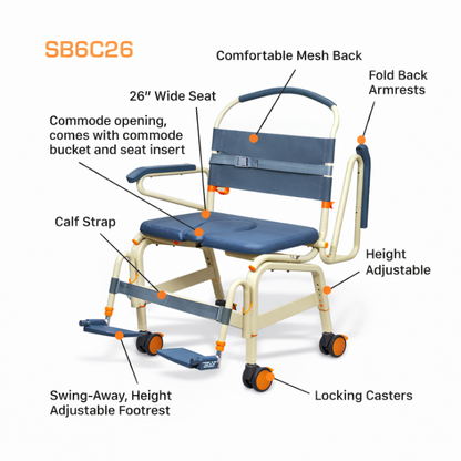 The ShowerBuddy SB6C Bariatric Rolling Shower Chair, in beige and blue, offers a 26" wide seat, mesh back, fold-back arms, adjustable height, locking casters, calf strap, and swing-away footrest for accessible bathing.