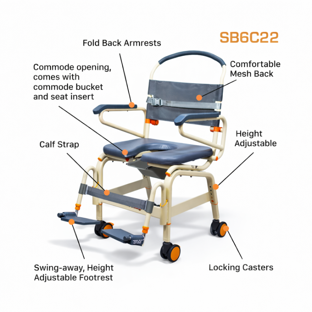 A labeled diagram of the ShowerBuddy SB6C Bariatric Rolling Shower Chair, featuring fold-back armrests, a mesh back, commode opening, calf strap, swing-away adjustable footrest, and locking casters as an accessible bathing solution. Model: SB6C22.