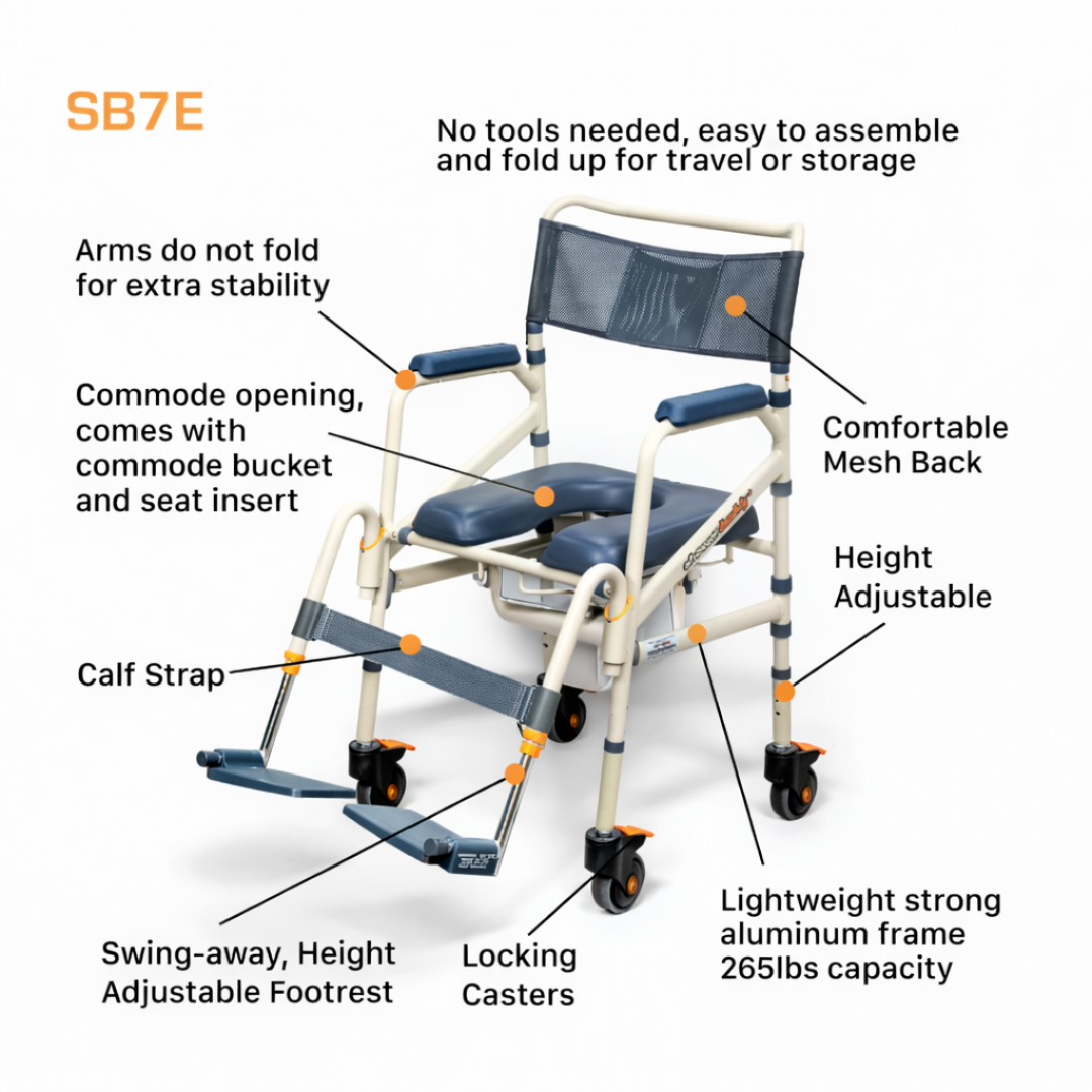 The ShowerBuddy SB7e Folding Shower Chair features a lightweight, height-adjustable frame, mesh back, locking casters, swing-away footrest with calf strap, 265lb capacity, blue seat, and white frame. Easy to assemble and fold for travel or storage.