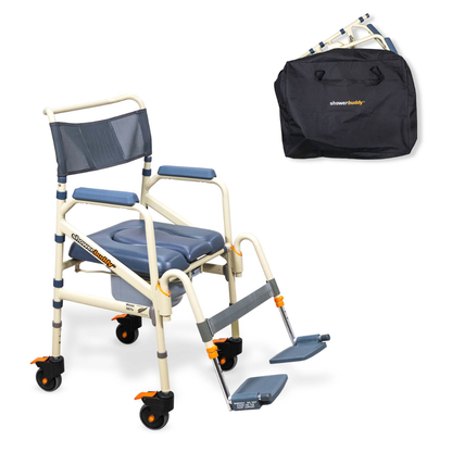 The ShowerBuddy SB7e Folding Shower Chair features a blue cushioned seat and backrest, orange-accented wheels, adjustable footrests, and is shown with a black carrying case—ideal for accessible shower support or portable travel commode use.