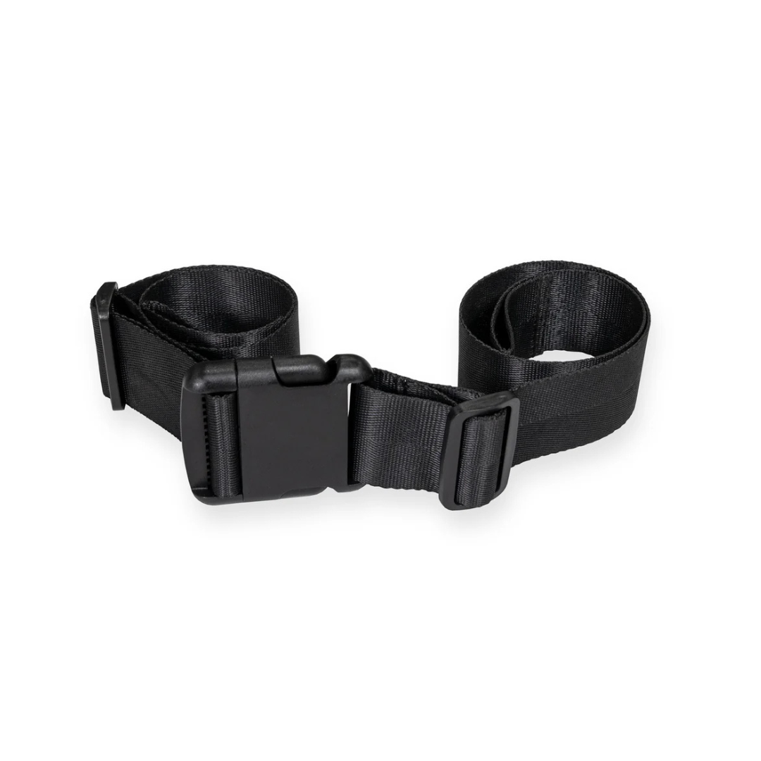 A black adjustable strap with a plastic quick-release buckle, perfect for securing Accessories and Parts for ShowerGlyde® Transfer Benches or other items like luggage and outdoor gear to a durable hard-plastic seat.