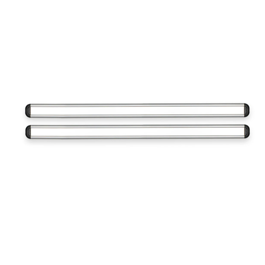 Two slim, white LED light bars with black end caps are arranged in parallel on a white background, mirroring the sleek style of Accessories and Parts for ShowerGlyde® Transfer Benches for enhanced bathing comfort.