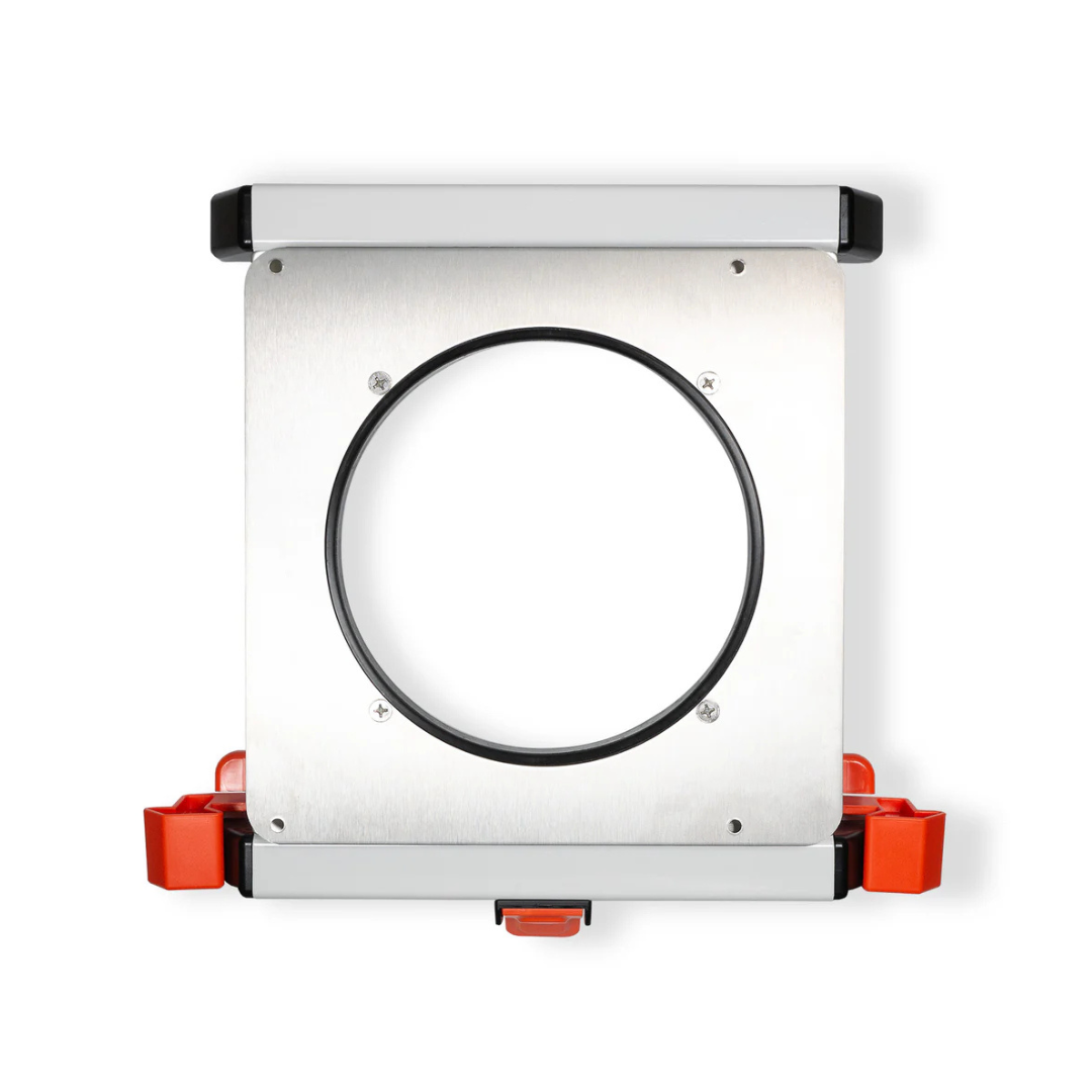 The Accessories and Parts for ShowerGlyde® Transfer Benches include a square metal mounting plate with a large circular cutout, red and black locking mechanisms, ideal for use with durable hard-plastic seats. Shown on a white background.