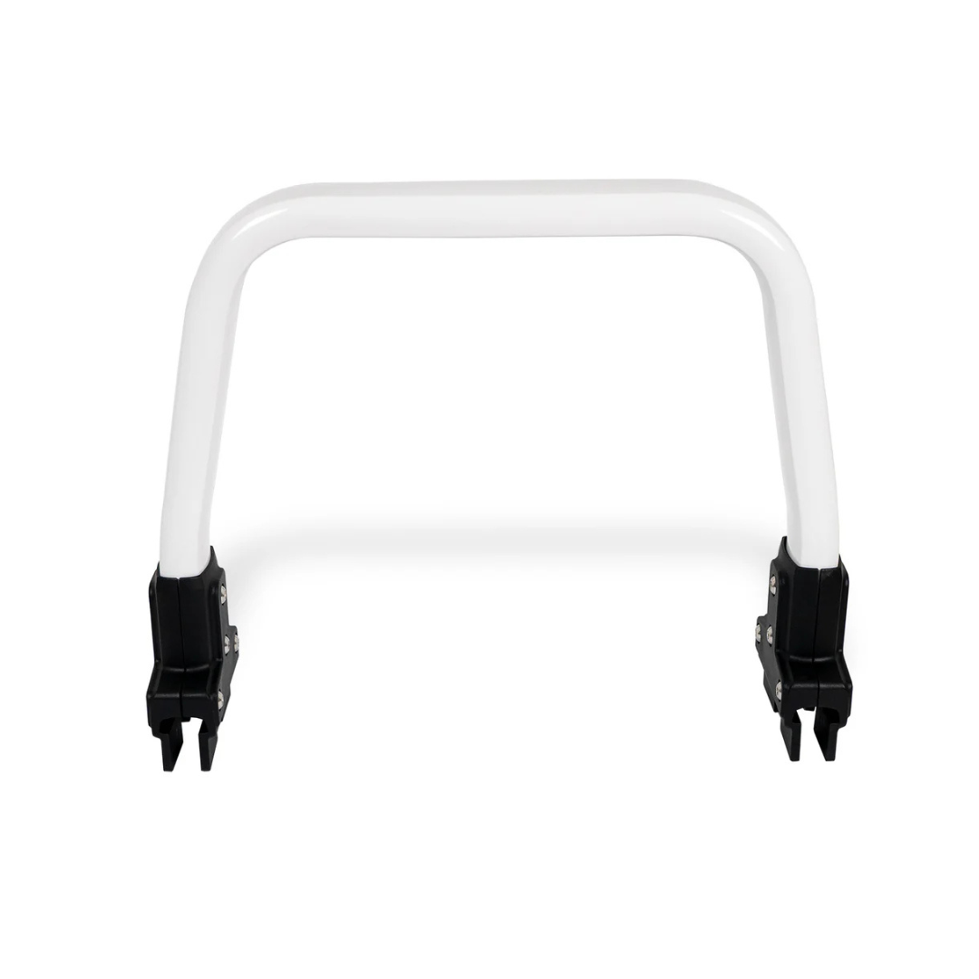 The Accessories and Parts for ShowerGlyde® Transfer Benches include a white metal handlebar attachment with black plastic connectors, which pairs well with the ShowerGlyde padded seat cover for enhanced bathing comfort.