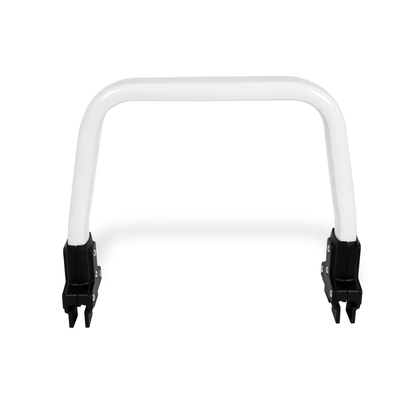 The Accessories and Parts for ShowerGlyde® Transfer Benches include a white metal handlebar attachment with black plastic connectors, which pairs well with the ShowerGlyde padded seat cover for enhanced bathing comfort.