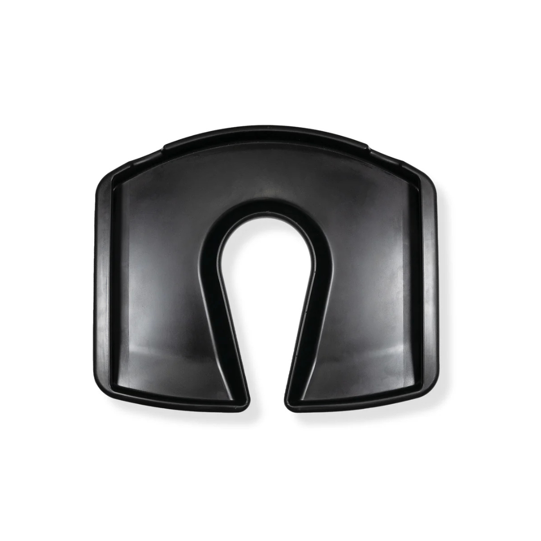 A black, durable hard-plastic U-shaped seat with raised edges from Accessories and Parts for ShowerGlyde® Transfer Benches is shown from above on a white background—designed to enhance bathing comfort.