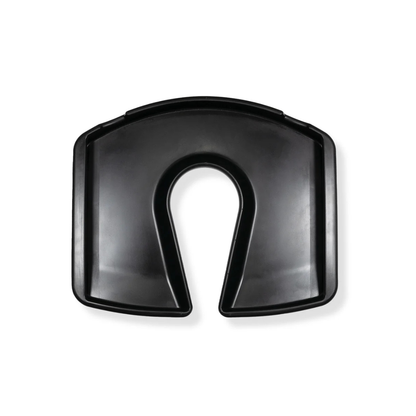 A black, durable hard-plastic U-shaped seat with raised edges from Accessories and Parts for ShowerGlyde® Transfer Benches is shown from above on a white background—designed to enhance bathing comfort.