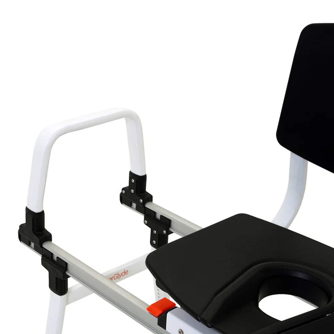 A close-up of the ShowerGlyde SG1 Bathtub Sliding Transfer Bench shows its height-adjustable black commode seat, black backrest, white metal armrests, and a red side lever for easy adjustments.