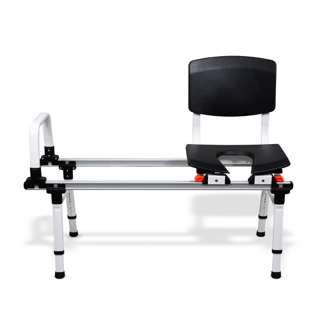 The ShowerGlyde SG1 Bathtub Sliding Transfer Bench features a height-adjustable metal frame, backrest, armrest, and open seat, making bathing or transferring to the tub safer and more convenient.