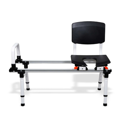 The ShowerGlyde SG1 Bathtub Sliding Transfer Bench features a height-adjustable metal frame, backrest, armrest, and open seat, making bathing or transferring to the tub safer and more convenient.