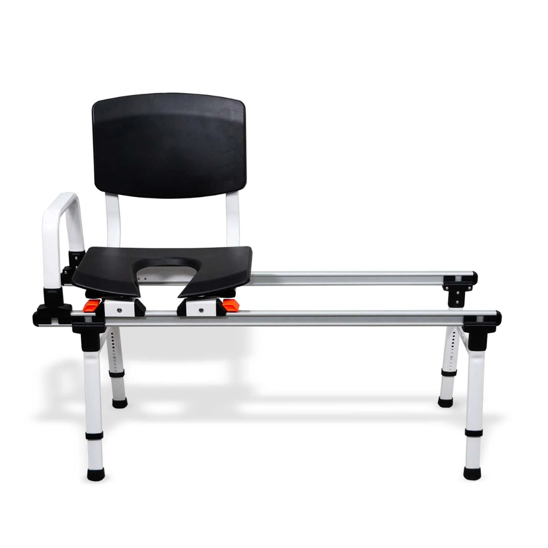 The ShowerGlyde SG1 Bathtub Sliding Transfer Bench is a black and white, height-adjustable shower bench with seat, backrest, armrest, and metal rails for easy sliding to aid those with limited mobility during bathing.