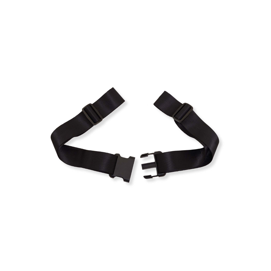Two black adjustable nylon straps with plastic buckle fasteners, designed for the ShowerGlyde SG1 Bathtub Sliding Transfer Bench, are shown unbuckled and laid out on a white background.