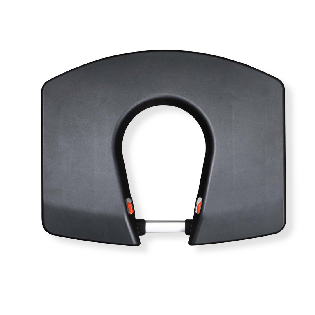 A black, U-shaped toilet seat with front gap and two orange side buttons, shown from above on white—ideal to use with the ShowerGlyde SG1 Bathtub Sliding Transfer Bench for enhanced bathroom safety and accessibility.
