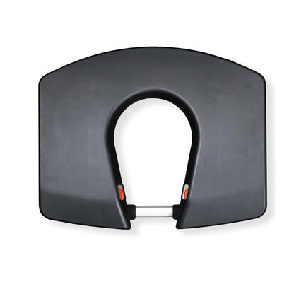 A black, U-shaped toilet seat with front gap and two orange side buttons, shown from above on white—ideal to use with the ShowerGlyde SG1 Bathtub Sliding Transfer Bench for enhanced bathroom safety and accessibility.