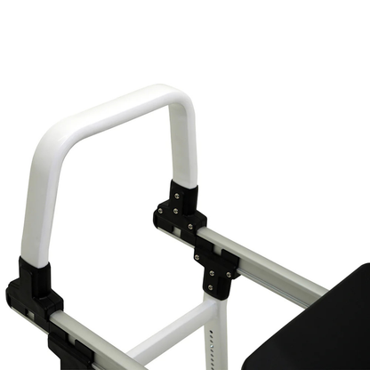 Close-up of the white metal handle on the ShowerGlyde SG2 Sliding Transfer Bench frame, featuring black joints, set against a plain white background.