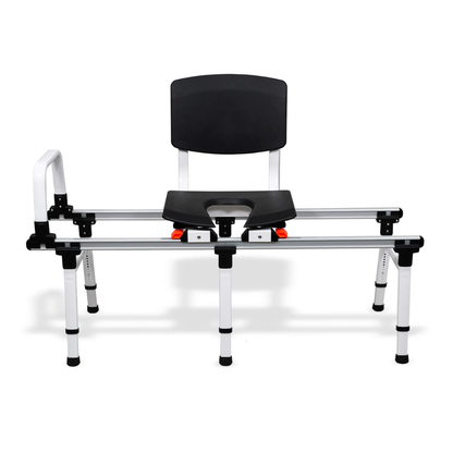 ShowerGlyde SG2 Sliding Transfer Bench features a black padded seat and backrest, white frame, safety rail, and height-adjustable legs—perfect for safe tub and toilet transfers in bathroom setups.