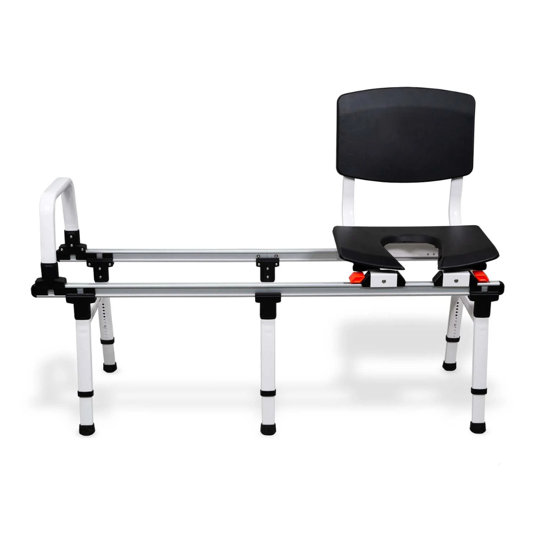 The ShowerGlyde SG2 Sliding Transfer Bench features an aluminum frame, adjustable legs, black backrest and armrest, plus an open-front seat—ideal for safe transfers between toilet-adjacent tubs or as a commode bench.