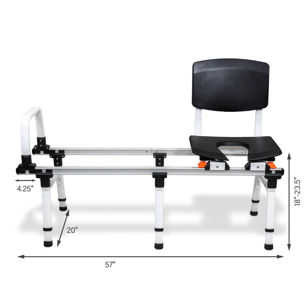 The ShowerGlyde SG2 Sliding Transfer Bench features a height-adjustable U-shaped seat, backrest, side handle, and four legs—ideal for toilet-adjacent bathtubs. Dimensions: 57"L x 20"W x 18–23.5"H.