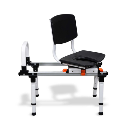The ShowerGlyde SG3 Sliding Transfer Bench with Swivel Seat features a black and white compact design, padded seat, backrest, handle, and swivel seat for easy transfers in or out of tubs or showers—perfect for small bathrooms.