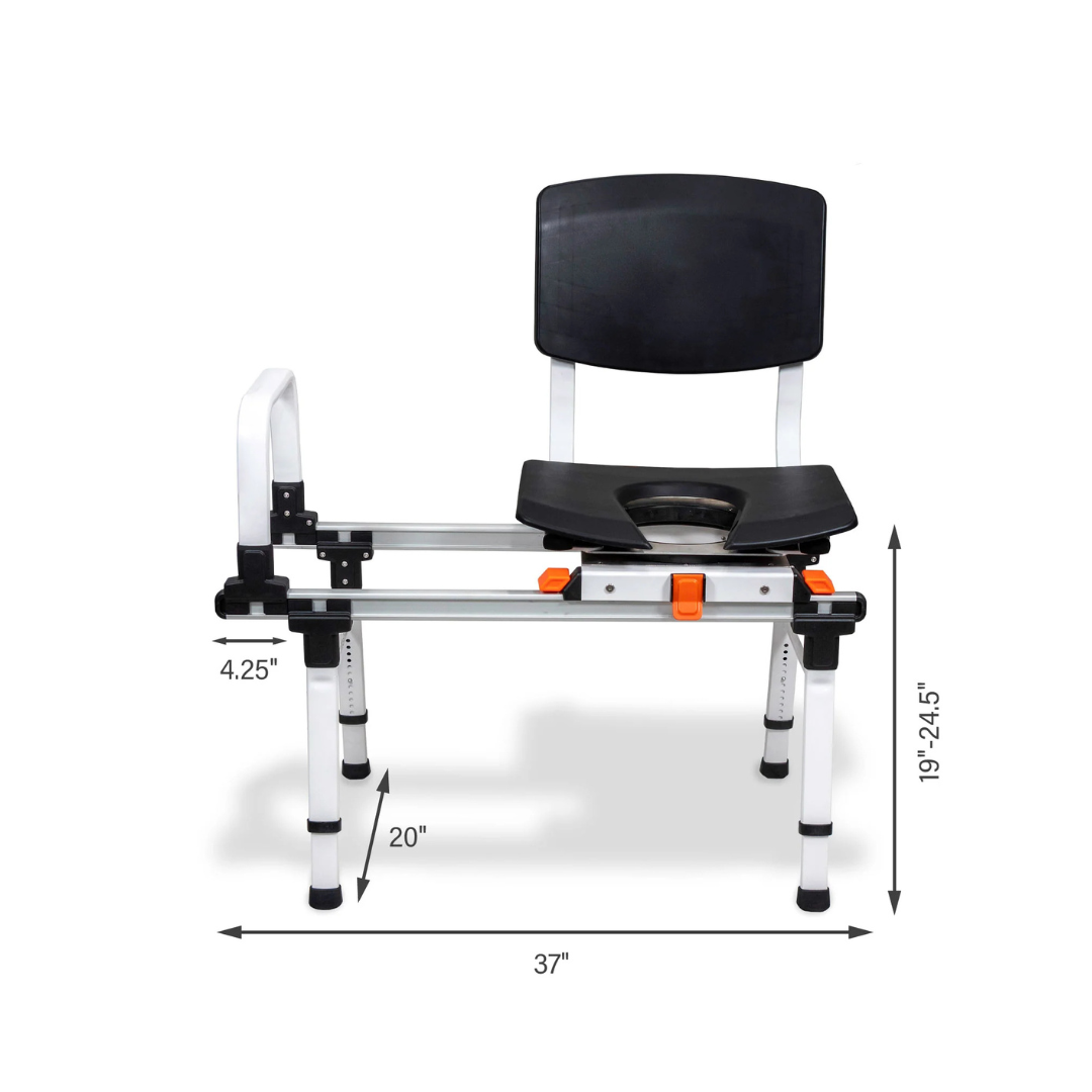 The ShowerGlyde SG3 Sliding Transfer Bench features a black swivel seat and backrest, white frame, side handle, and extendable legs. Compact at 37" W x 20" D; seat height adjusts from 19–24.5", with a 4.25" high seat—ideal for any bathroom.