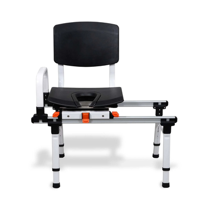 The ShowerGlyde SG3 Sliding Transfer Bench with Swivel Seat is a black and white adjustable shower chair with a backrest, armrest, open seat, stable rubber-tipped legs, and an orange-locked sliding mechanism for easy transfers.