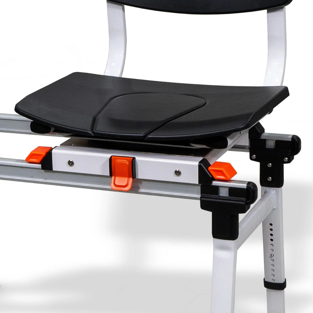 A close-up of the ShowerGlyde SG3 Sliding Transfer Bench with Swivel Seat, featuring a black seat and backrest, orange adjustment levers, and a sturdy white metal frame for accessibility and support.