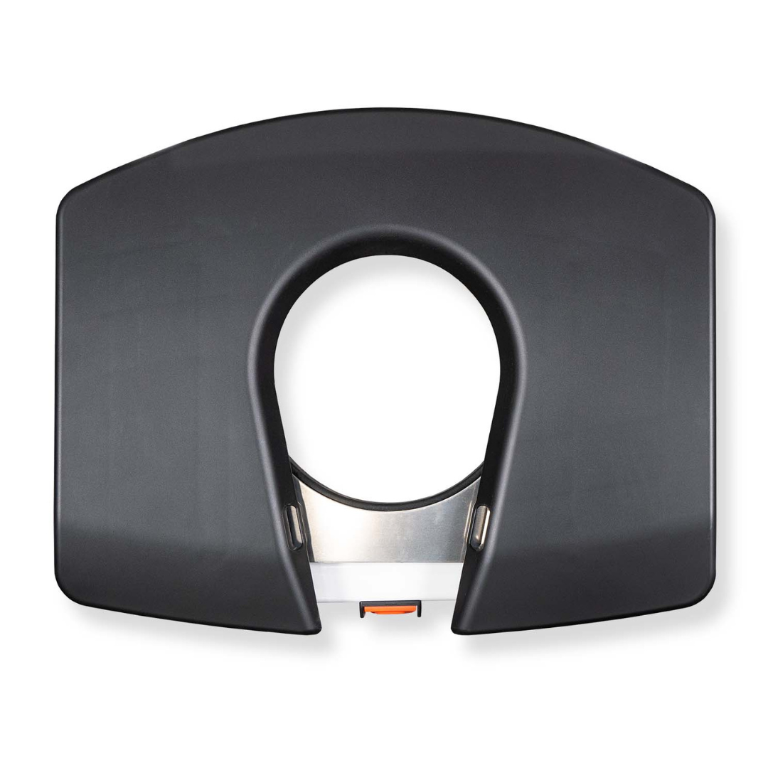 The ShowerGlyde SG3 Sliding Transfer Bench with Swivel Seat is a black, rectangular bathroom bench featuring a central circular opening, open front section, metallic edge, and a small orange tab.