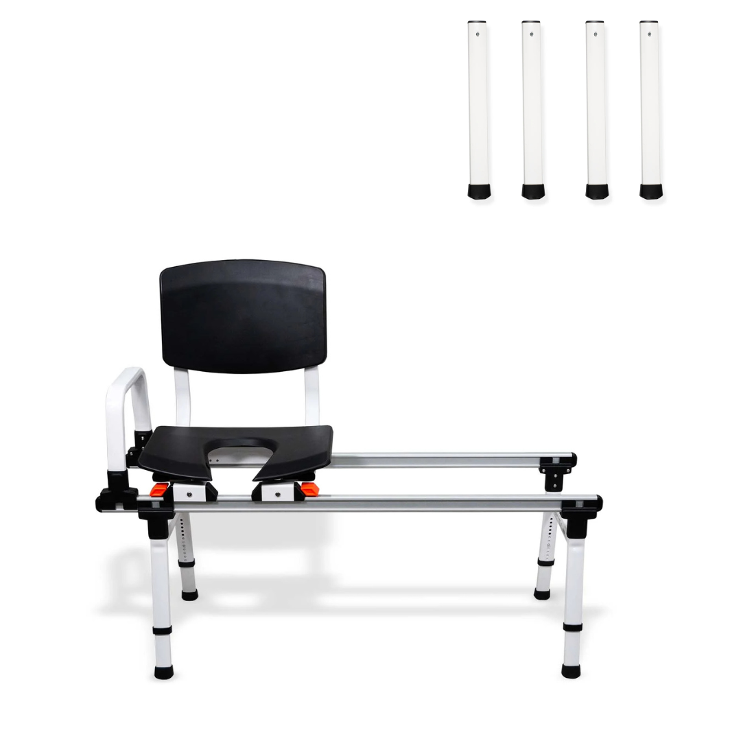 The ShowerGlyde SG1 Bathtub Sliding Transfer Bench features a black seat and backrest, four adjustable legs, sliding rail system, side handle, and four extra extension legs (shown in the upper right) for easy shower or bathtub access.