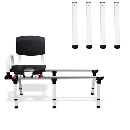 The ShowerGlyde SG2 Sliding Transfer Bench for Tub & Toilet Transfers features a height-adjustable seat, backrest, armrest, and four detachable extension legs—shown separately on a white background and ideal for toilet-adjacent bathtubs.