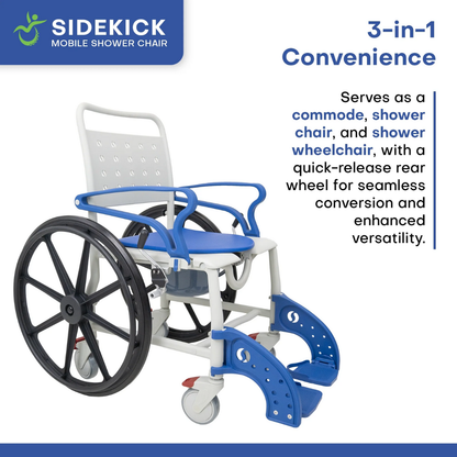 The Climbing Steps Sidekick Shower Chair with Commode Opening is a blue and white mobility aid featuring large rear wheels and footrests, functioning as a 3-in-1 commode chair, shower seat, and wheelchair for versatile bathroom support.