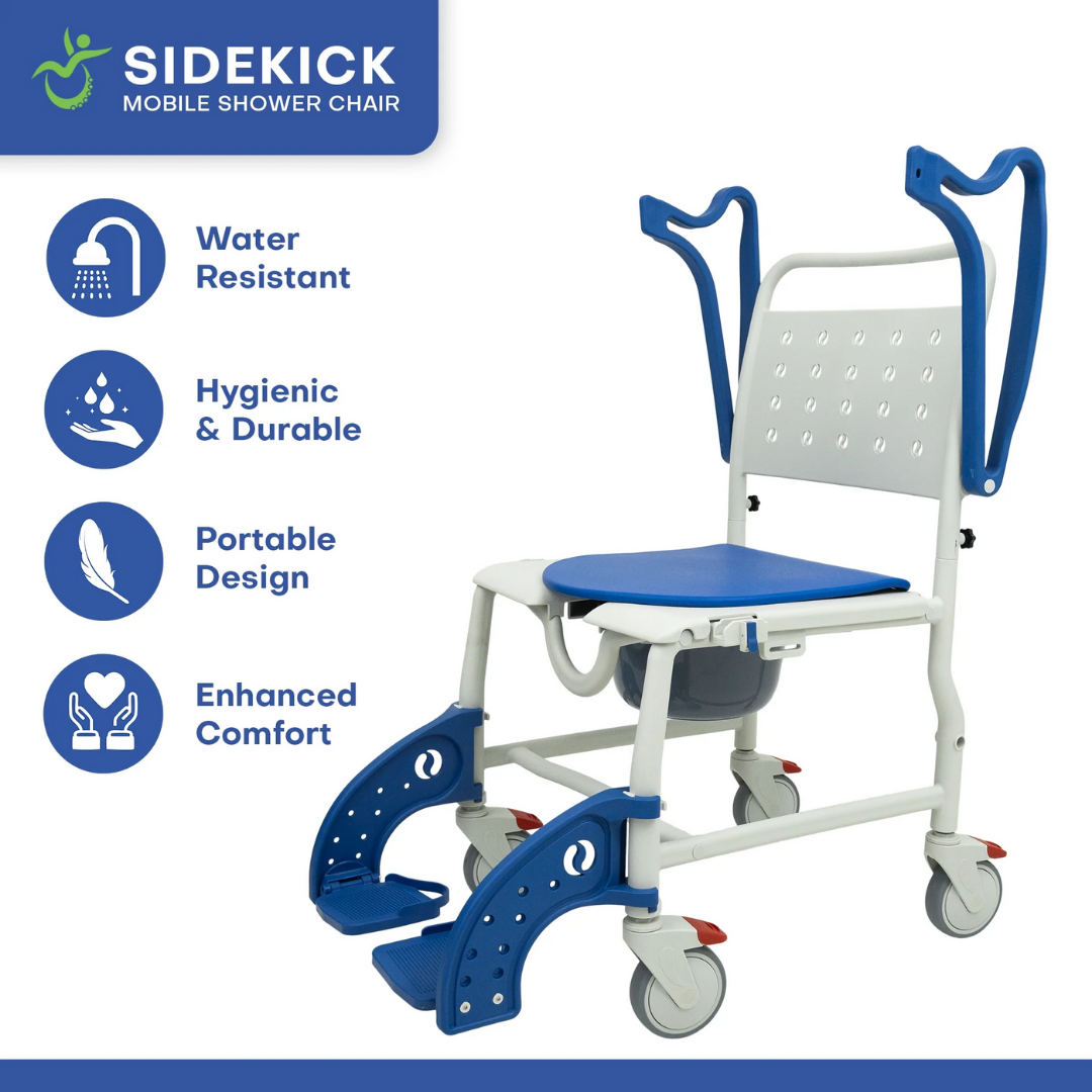 The Climbing Steps Sidekick Shower Chair with Commode Opening features blue accents, armrests, and footrests. Icons show it’s water-resistant, hygienic, durable, portable, and comfortable. The Sidekick logo appears at the top left.