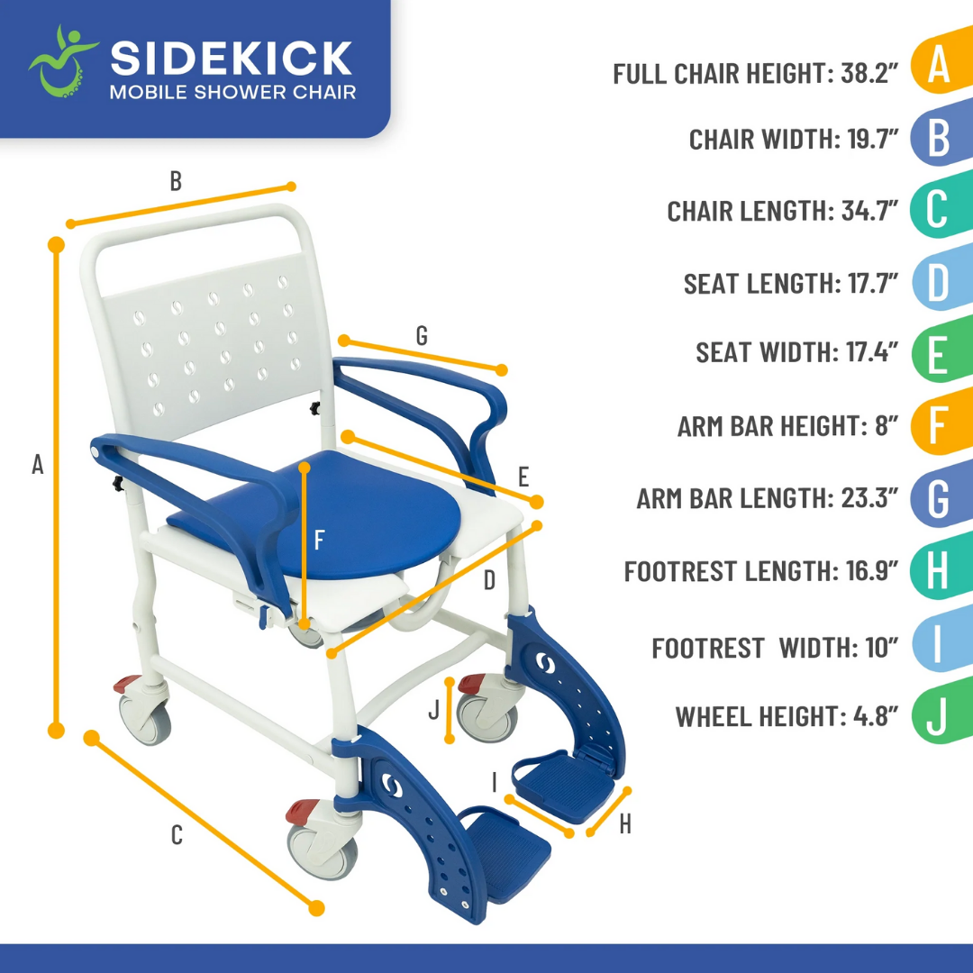 The Climbing Steps Sidekick Shower Chair with Commode Opening features armrests, footrests, a blue seat, a white frame, and caster wheels; labeled measurements highlight height, width, depth, and length for this essential bathroom mobility aid.