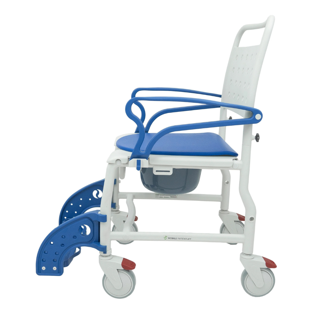 The Climbing Steps Sidekick Shower Chair with Commode Opening features a white and blue frame, armrests, footrests, padded seat, removable bucket, and four caster wheels with brakes for comfort and convenience in the bathroom.