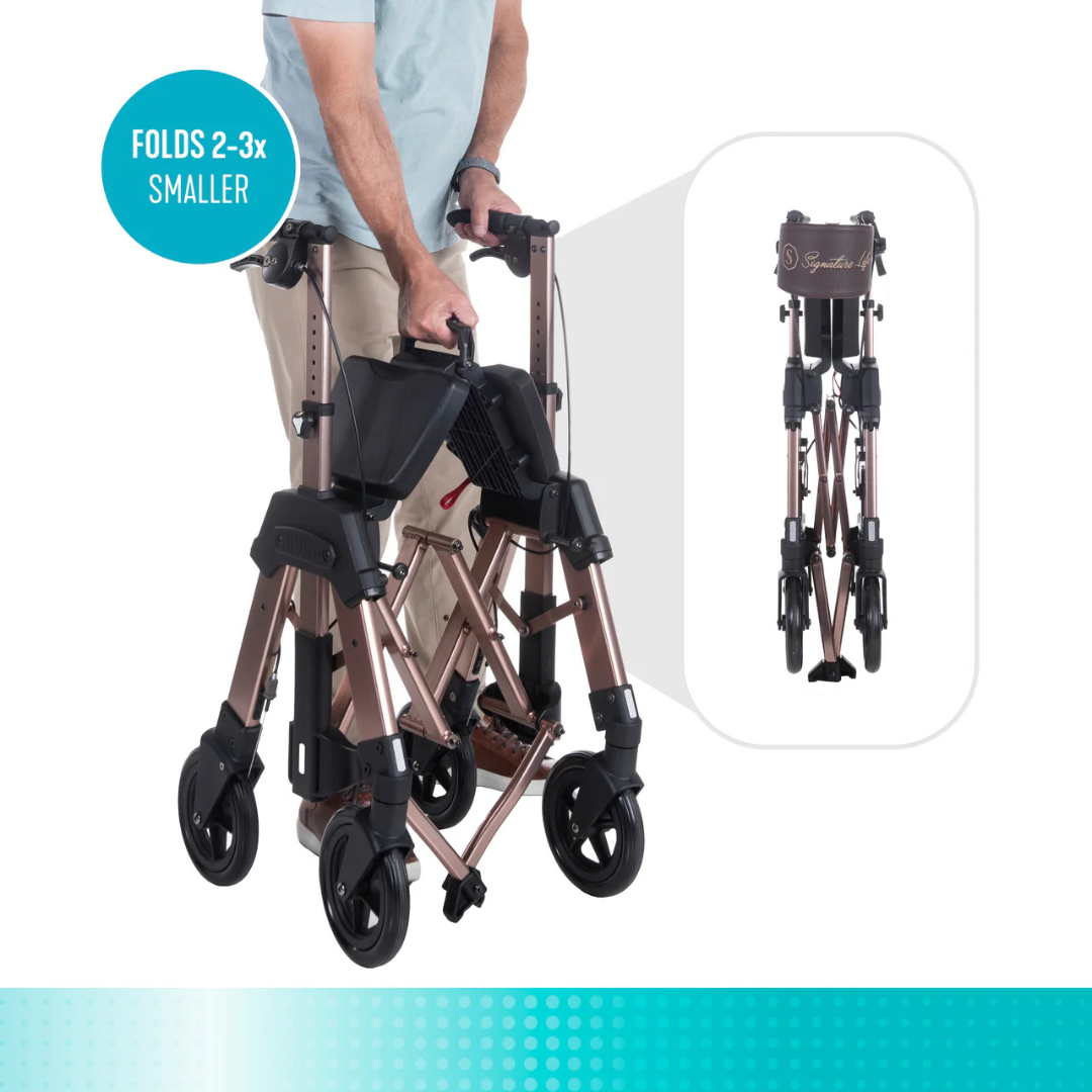 A person folds the Signature Life Elite Travel Rollator HD; an inset displays the compact, folded rollator with the text "Folds 2-3x Smaller.