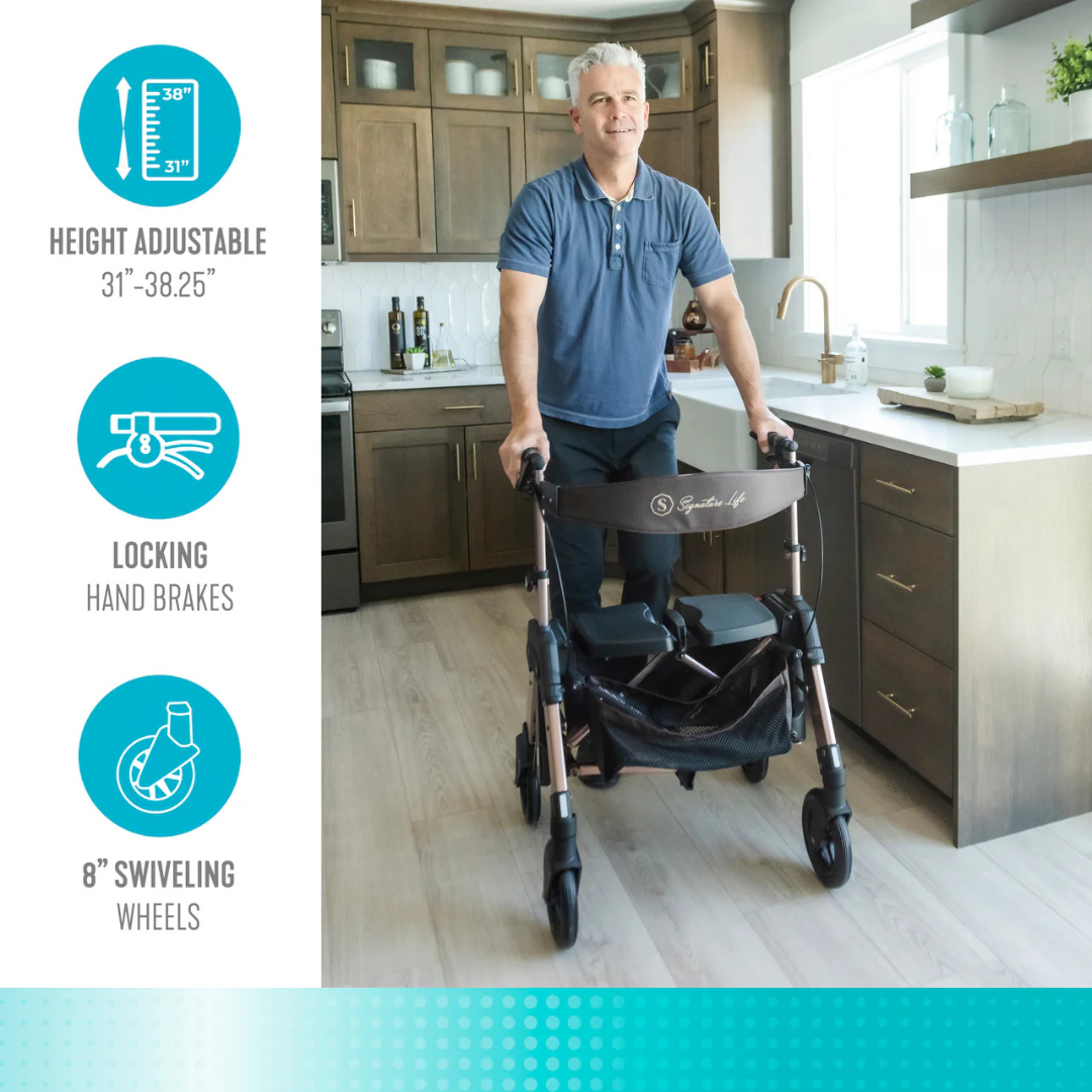 A smiling man stands in a modern kitchen using the Signature Life Elite Travel Rollator HD. Graphics on the left highlight features: height adjustable 31–38.25", locking hand brakes, and 8" swiveling wheels.