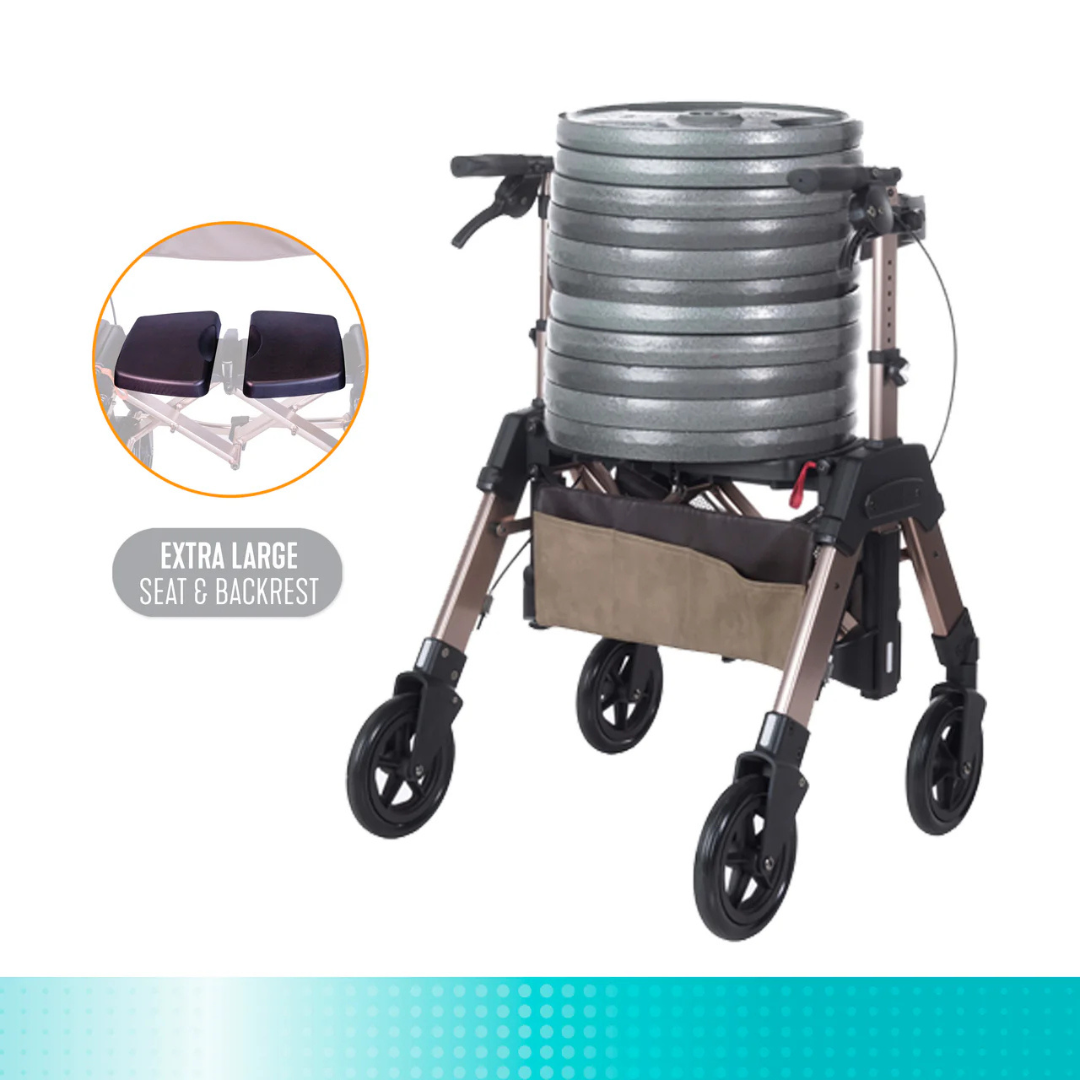 The Signature Life Elite Travel Rollator HD features an extra-wide seat and backrest designed to support higher weights. A beige storage bag attaches underneath. Inset highlights the sturdy, portable design of the seat and backrest.
