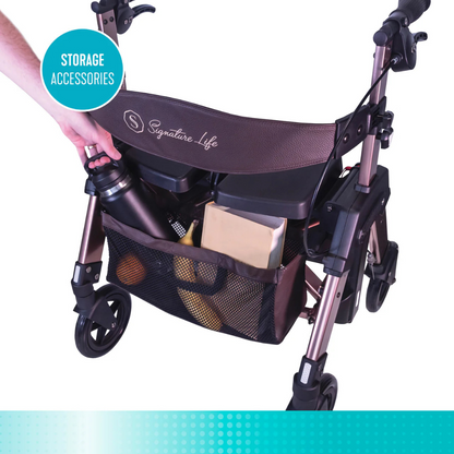 A person puts a black water bottle in the mesh side pocket of the Signature Life Elite Travel Rollator HD, alongside a book and small items, highlighting the rollator’s handy storage accessories.