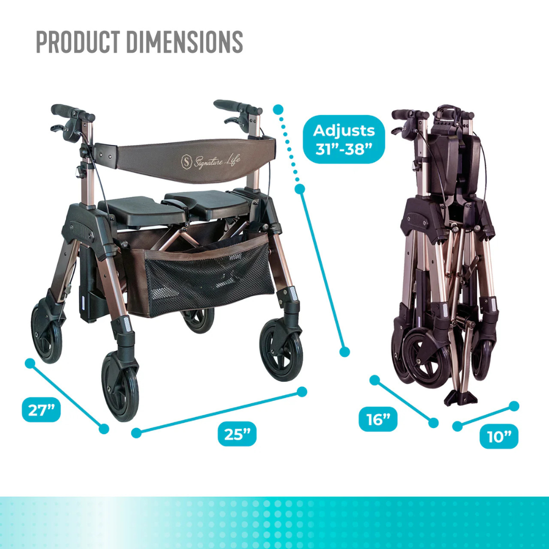 Two views of the Signature Life Elite Travel Rollator HD are shown. The open walker measures 27" L x 25" W and adjusts from 31"–38" H. When folded, it is 16" W x 10" D, making it easy to store or transport.