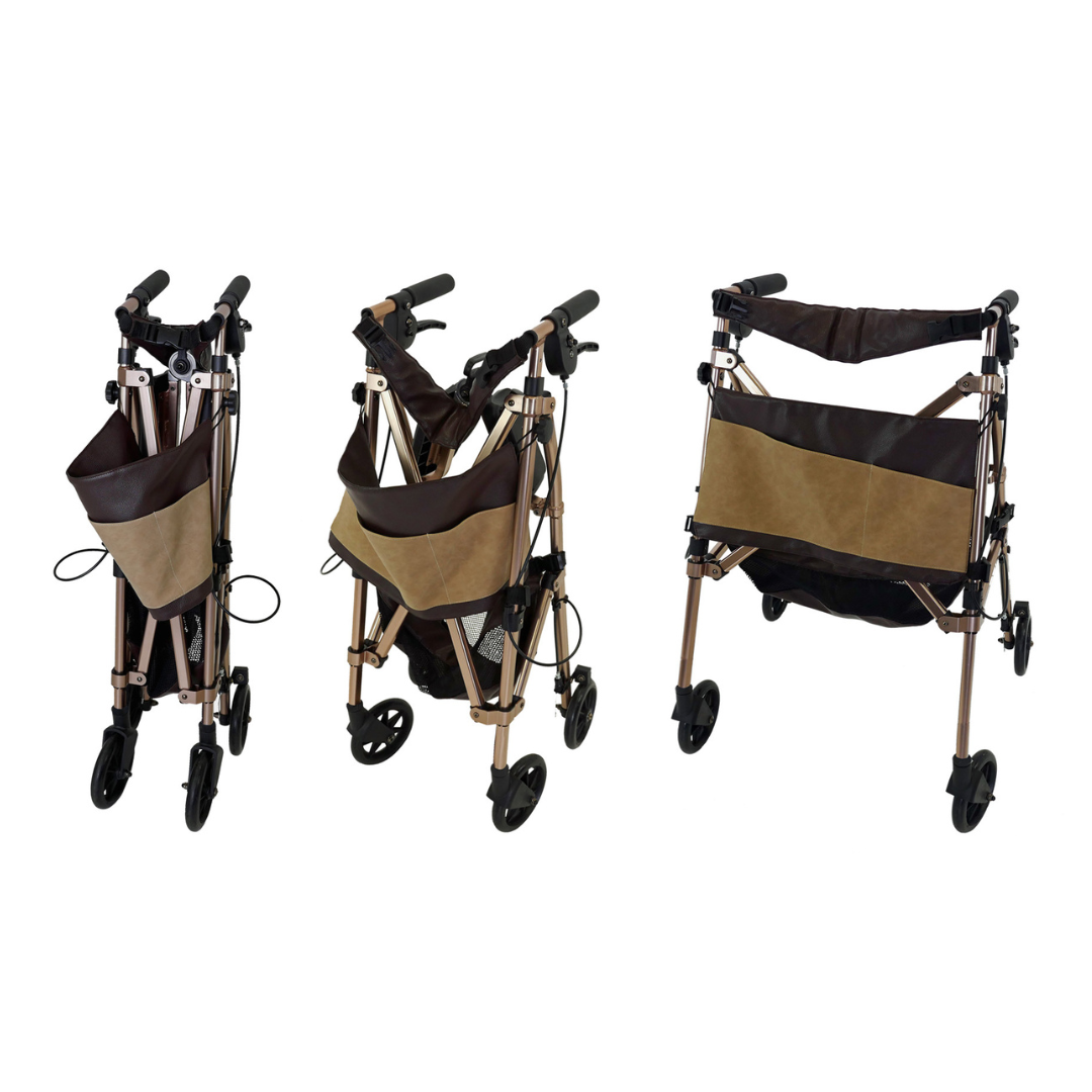 Three views of the Signature Life Elite Travel Rollator, a brown and black lightweight folding four-wheel rollator, are shown fully folded, partially unfolded, and fully opened on a white background.