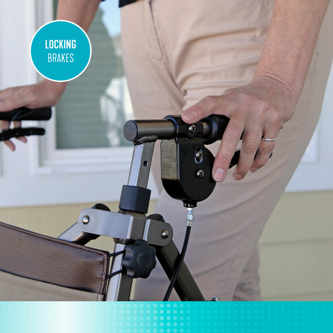 A close-up shows a person’s hand gripping the Signature Life Elite Travel Rollator, highlighting its locking brakes. The person is outdoors, and "LOCKING BRAKES" is displayed in a blue circle on the image.