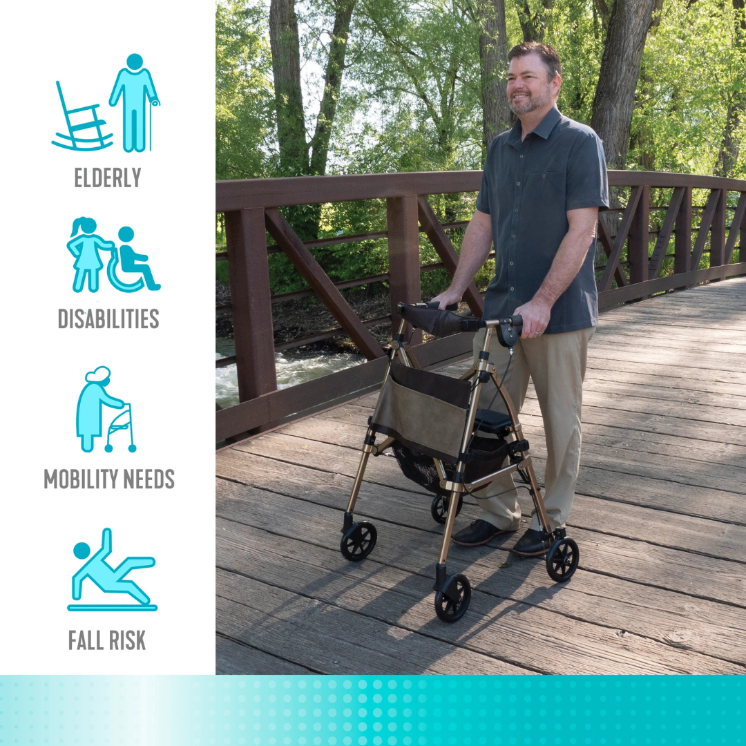 A man uses the Signature Life Elite Travel Rollator on a wooden bridge outdoors. To the left, icons read: Elderly, Disabilities, Mobility Needs, and Fall Risk. Trees and a stream are visible in the background.